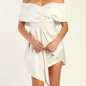 Lulu’s Always Celebrating Ivory Satin Off-the-Shoulder Mini Dress